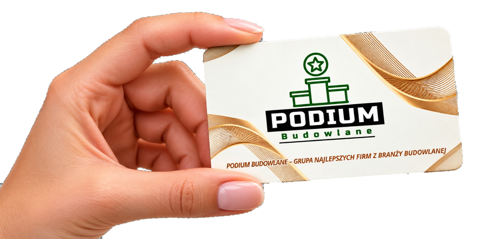 Przód oryginalnej Karty Podium Budowlane — biała karta z zielonym logo i złotymi falami